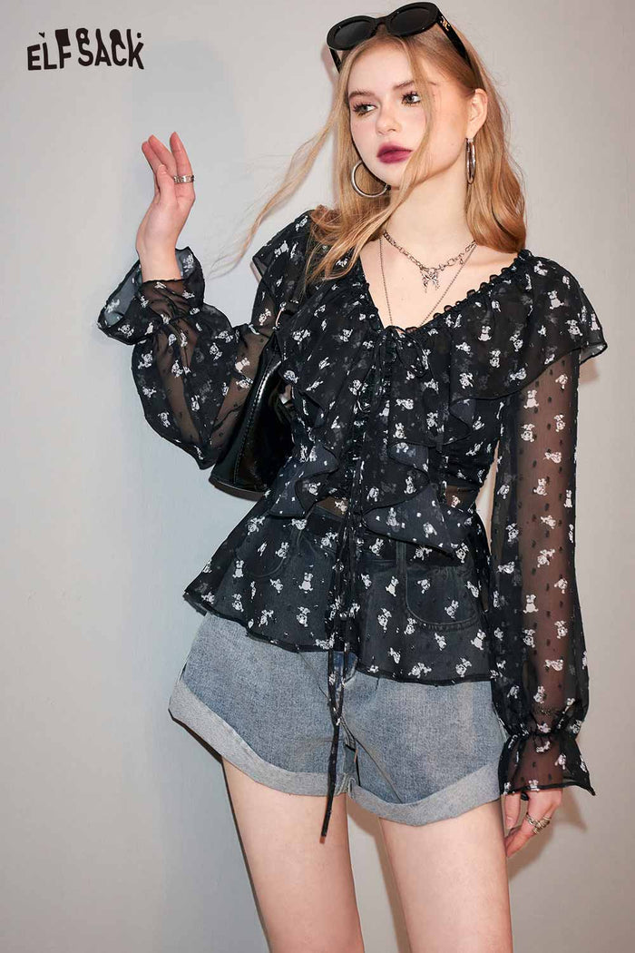 ELFSACK French V Neck Black Floral Chiffon Blouse