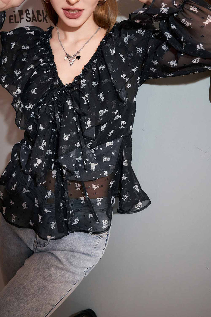 ELFSACK French V Neck Black Floral Chiffon Blouse
