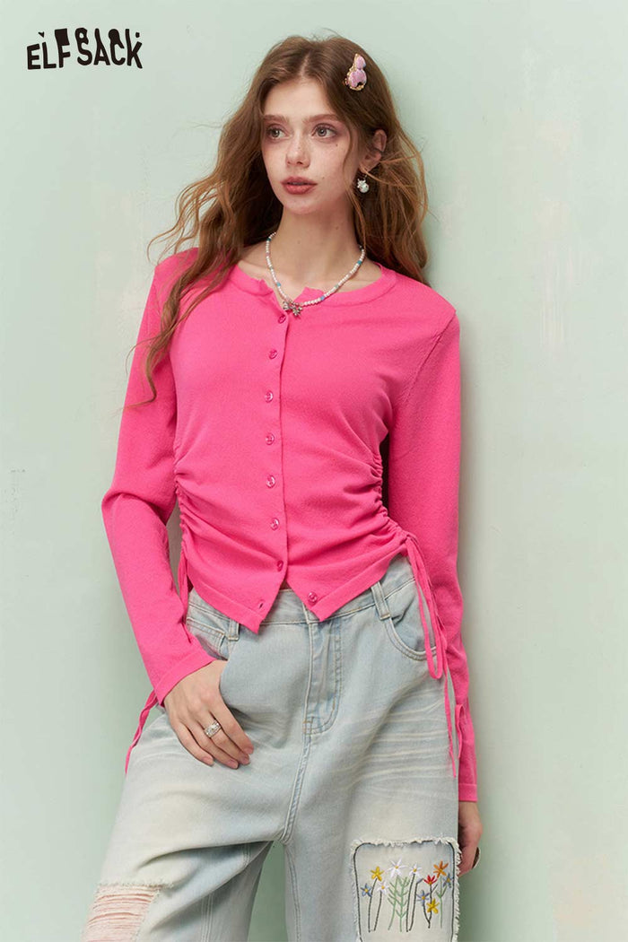 ELFSACK Fresh Girly Drawstring Waist Round Neck Fitted Knit Cardigan