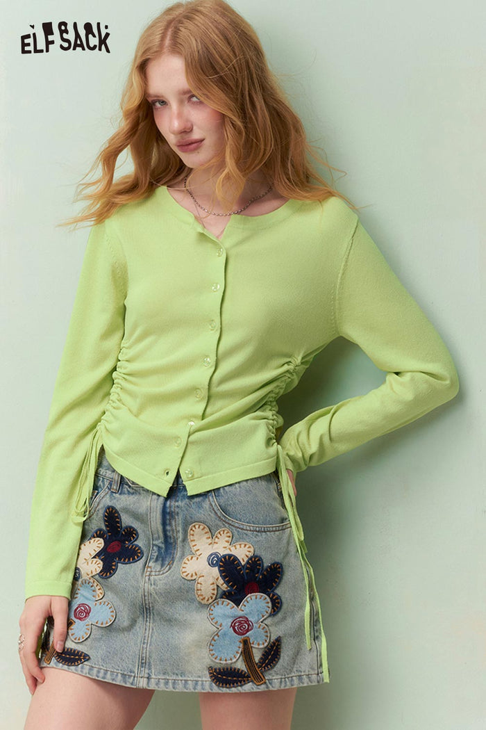ELFSACK Fresh Girly Drawstring Waist Round Neck Fitted Knit Cardigan