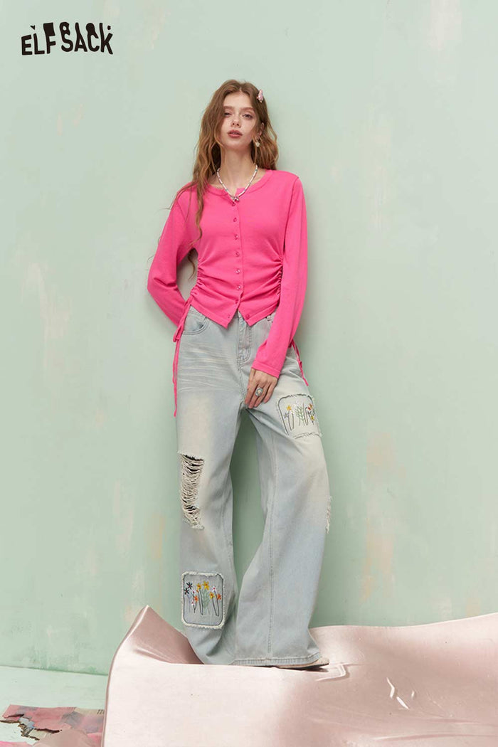 ELFSACK Fresh Girly Drawstring Waist Round Neck Fitted Knit Cardigan
