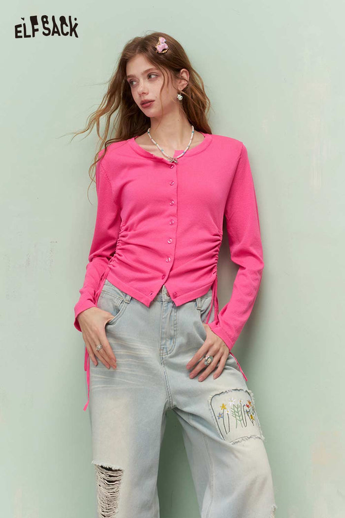 ELFSACK Fresh Girly Drawstring Waist Round Neck Fitted Knit Cardigan
