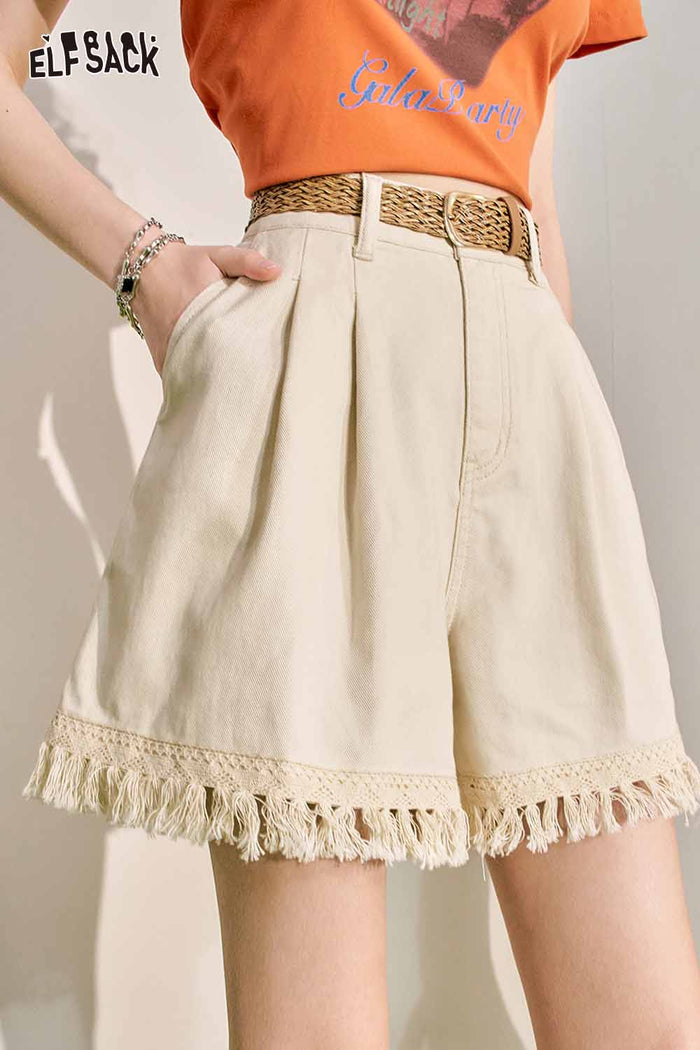 ELFSACK Fringe Hem Denim Shorts with Woven Belt