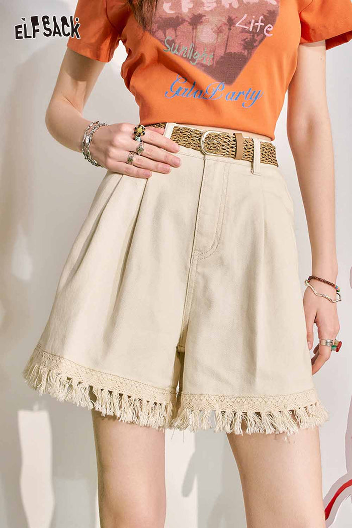 ELFSACK Fringe Hem Denim Shorts with Woven Belt