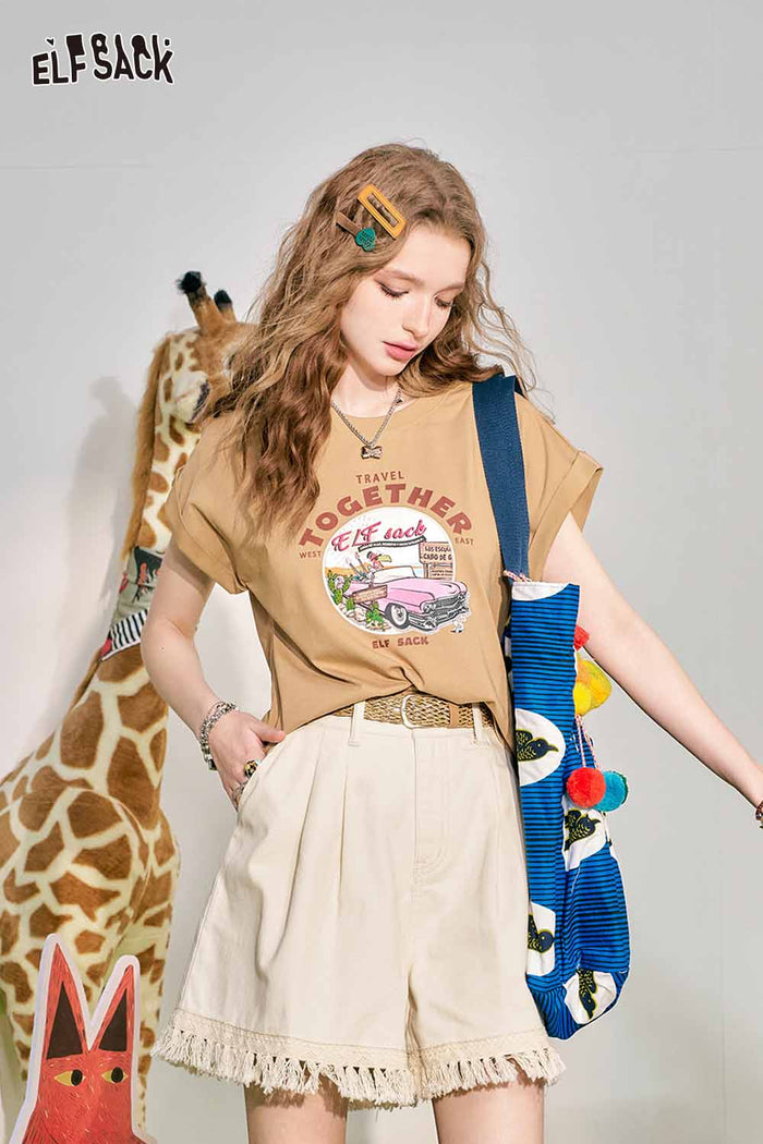 ELFSACK Fringe Hem Denim Shorts with Woven Belt