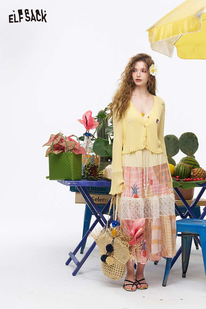 ELFSACK Fruit Embroidery Scalloped Cardigan