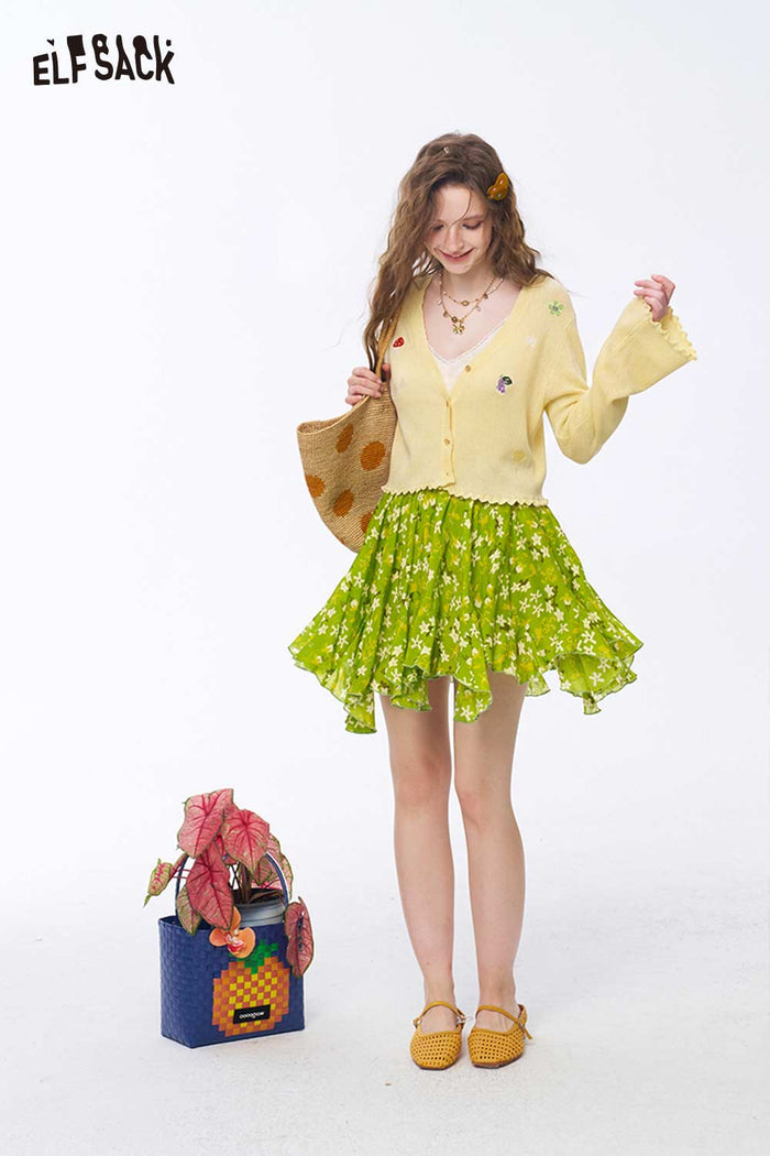 ELFSACK Fruit Embroidery Scalloped Cardigan