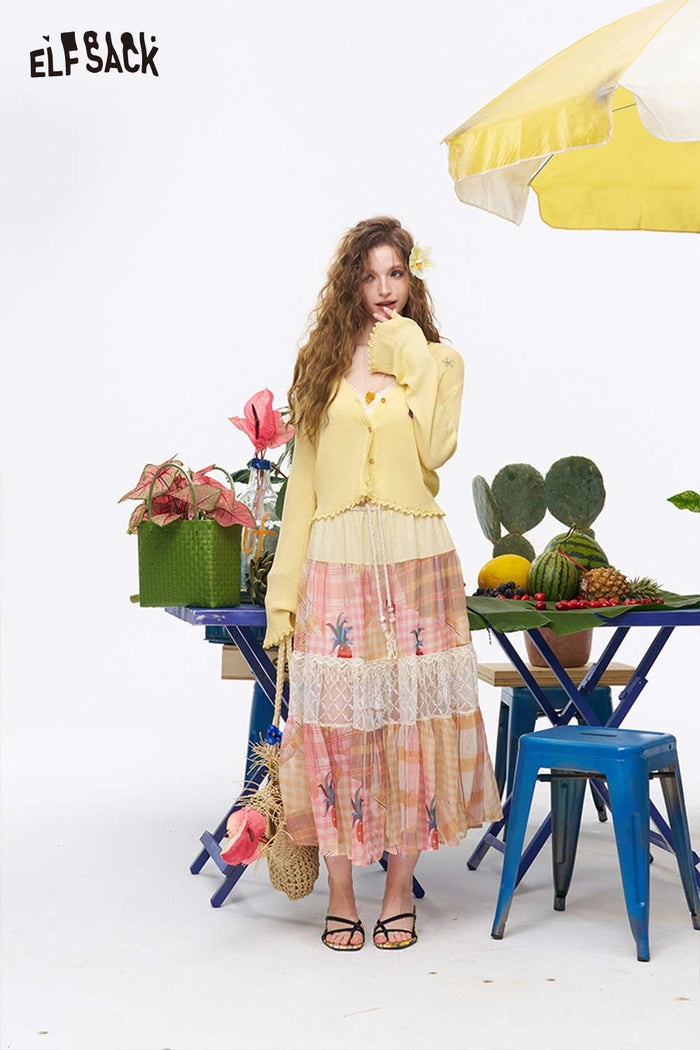 ELFSACK Fruit Embroidery Scalloped Cardigan
