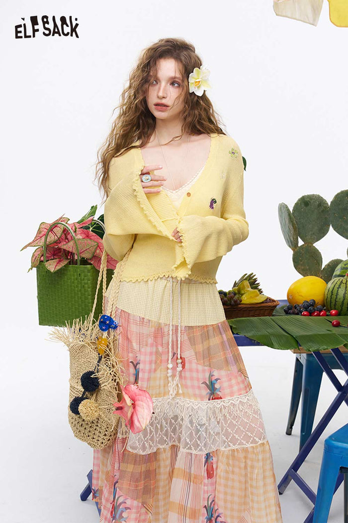 ELFSACK Fruit Embroidery Scalloped Cardigan