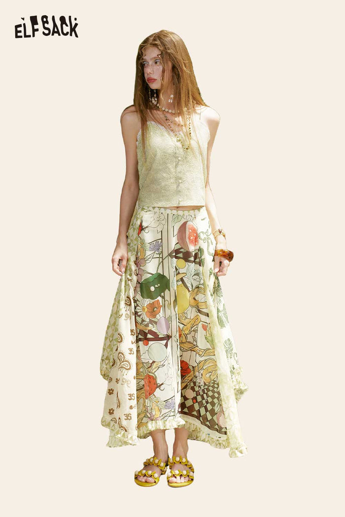 ELFSACK Fruit Floral Ruffle Midi Skirt