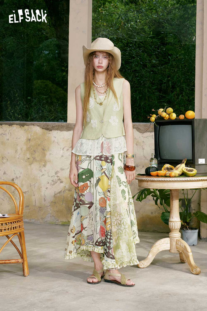 ELFSACK Fruit Floral Ruffle Midi Skirt