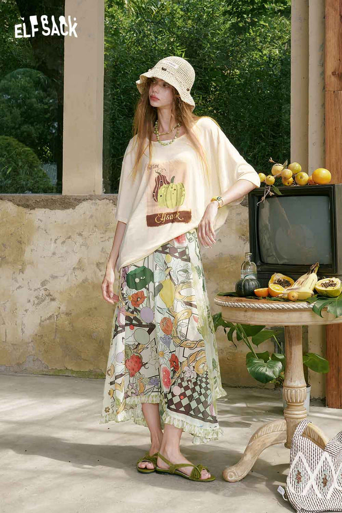 ELFSACK Fruit Floral Ruffle Midi Skirt