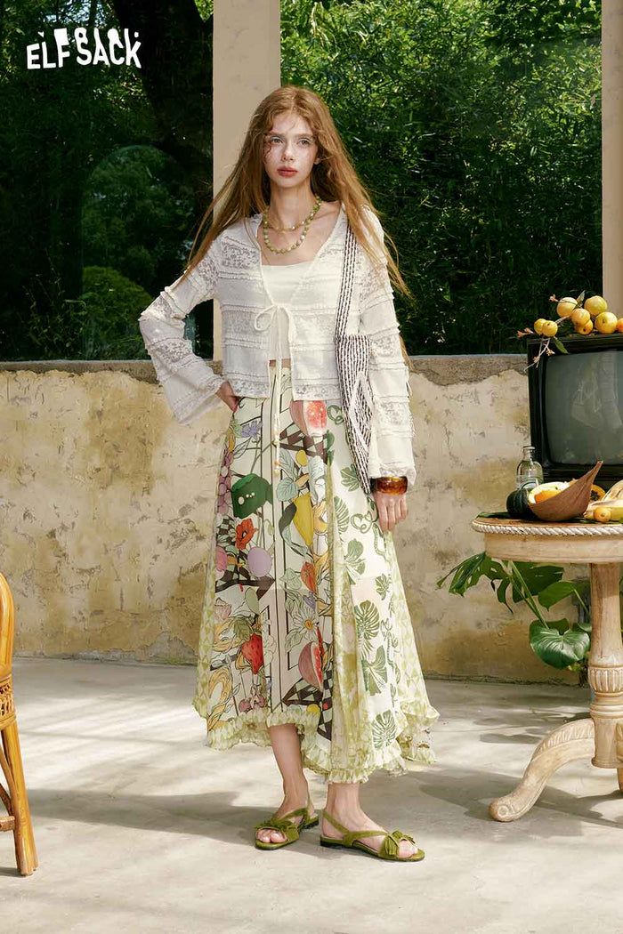 ELFSACK Fruit Floral Ruffle Midi Skirt