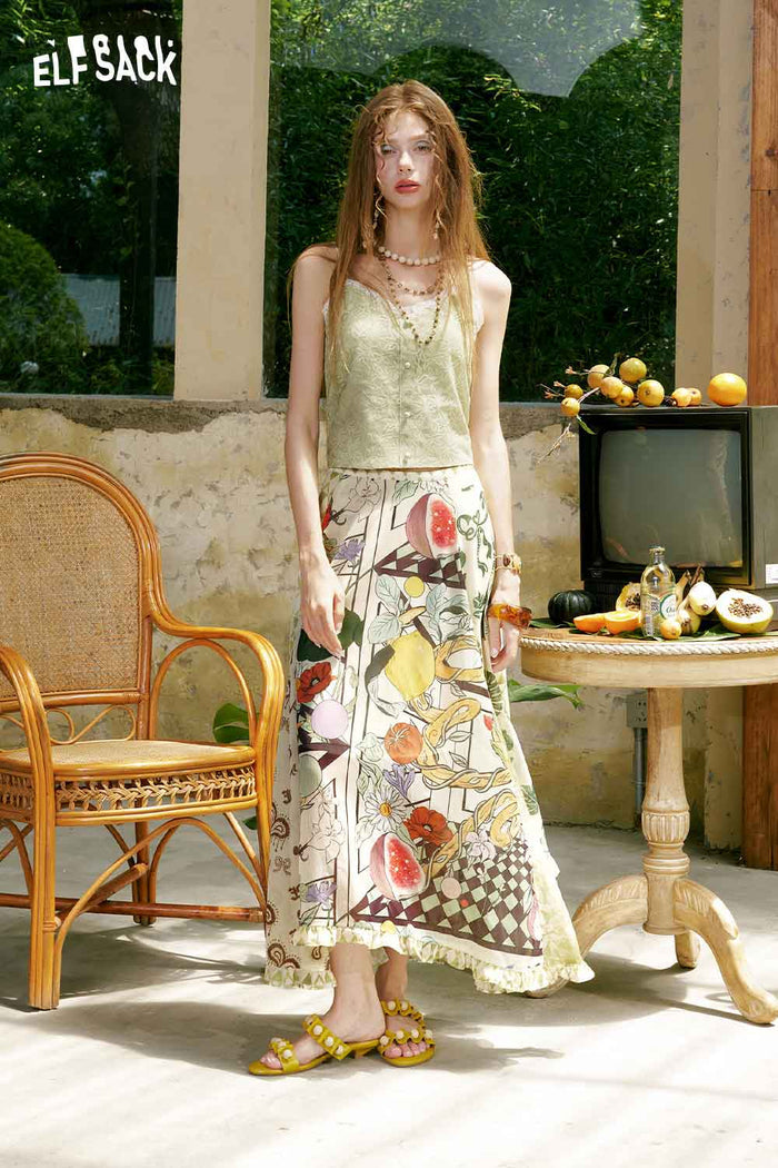 ELFSACK Fruit Floral Ruffle Midi Skirt