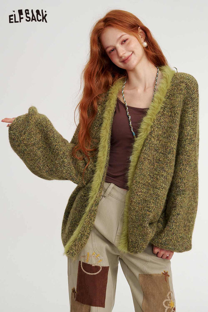Fuzzy Trim Loose Knit Cardigan