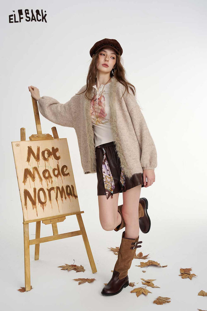 Fuzzy Trim Loose Knit Cardigan