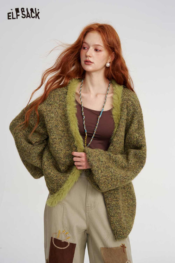 Fuzzy Trim Loose Knit Cardigan
