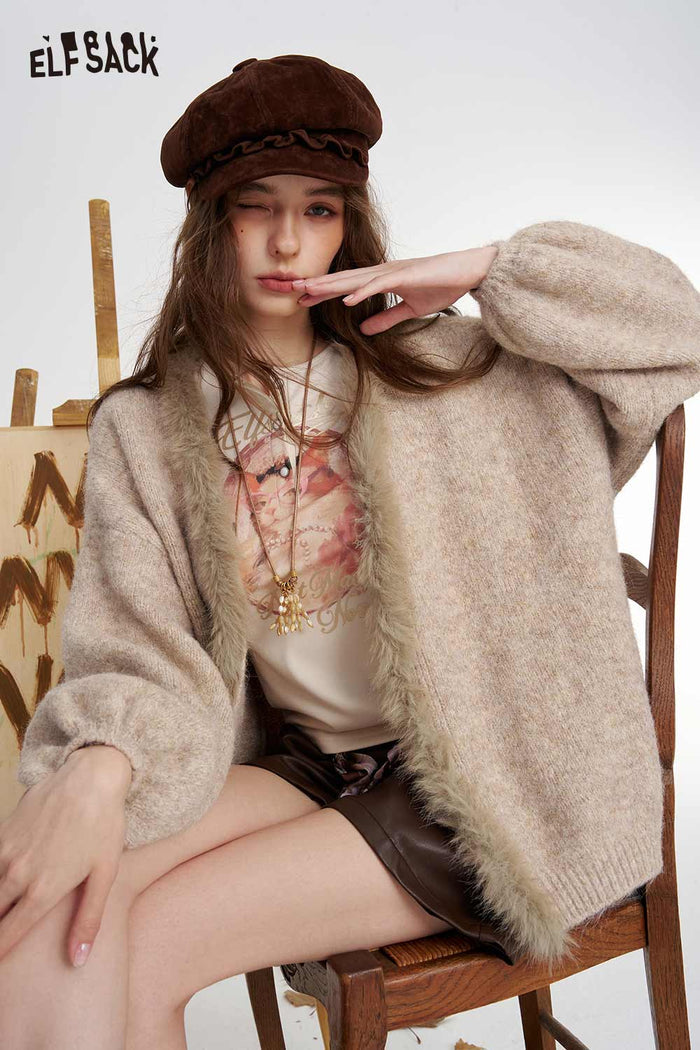Fuzzy Trim Loose Knit Cardigan