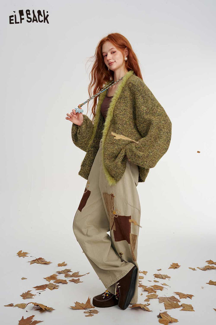 Fuzzy Trim Loose Knit Cardigan