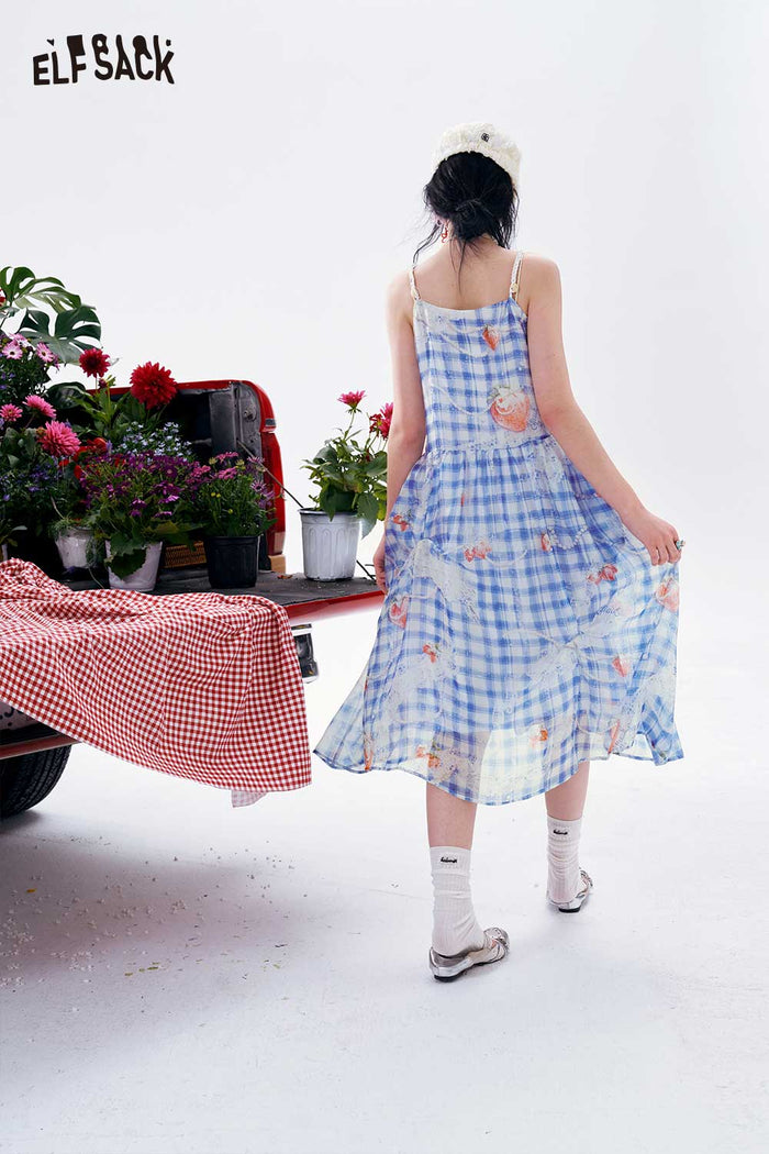 ELFSACK Gingham Beaded Strap Linen Midi Dress