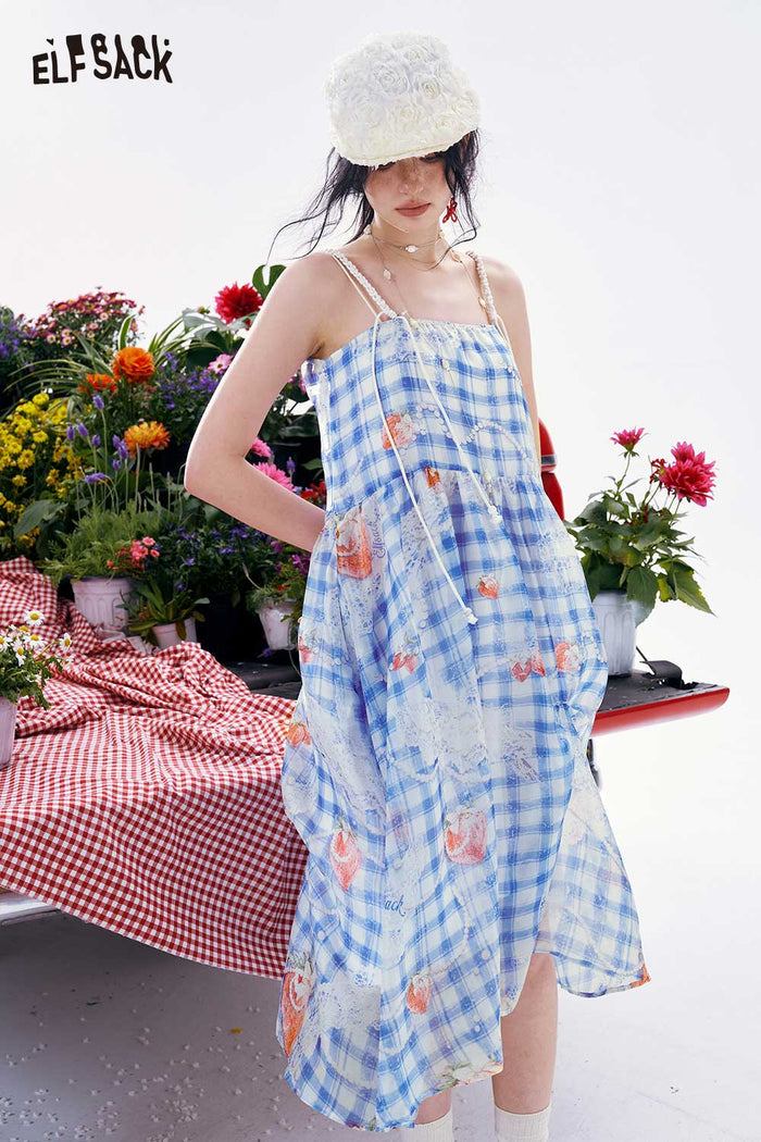 ELFSACK Gingham Beaded Strap Linen Midi Dress