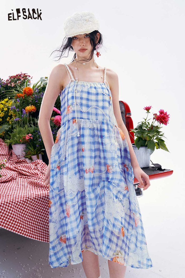 ELFSACK Gingham Beaded Strap Linen Midi Dress
