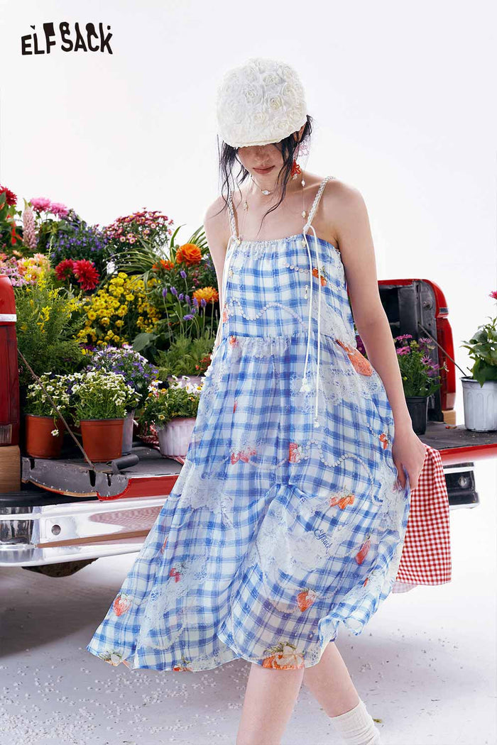 ELFSACK Gingham Beaded Strap Linen Midi Dress