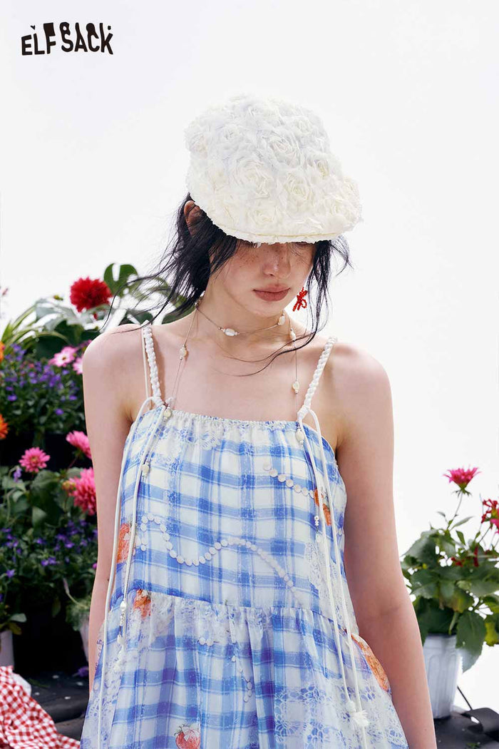 ELFSACK Gingham Beaded Strap Linen Midi Dress