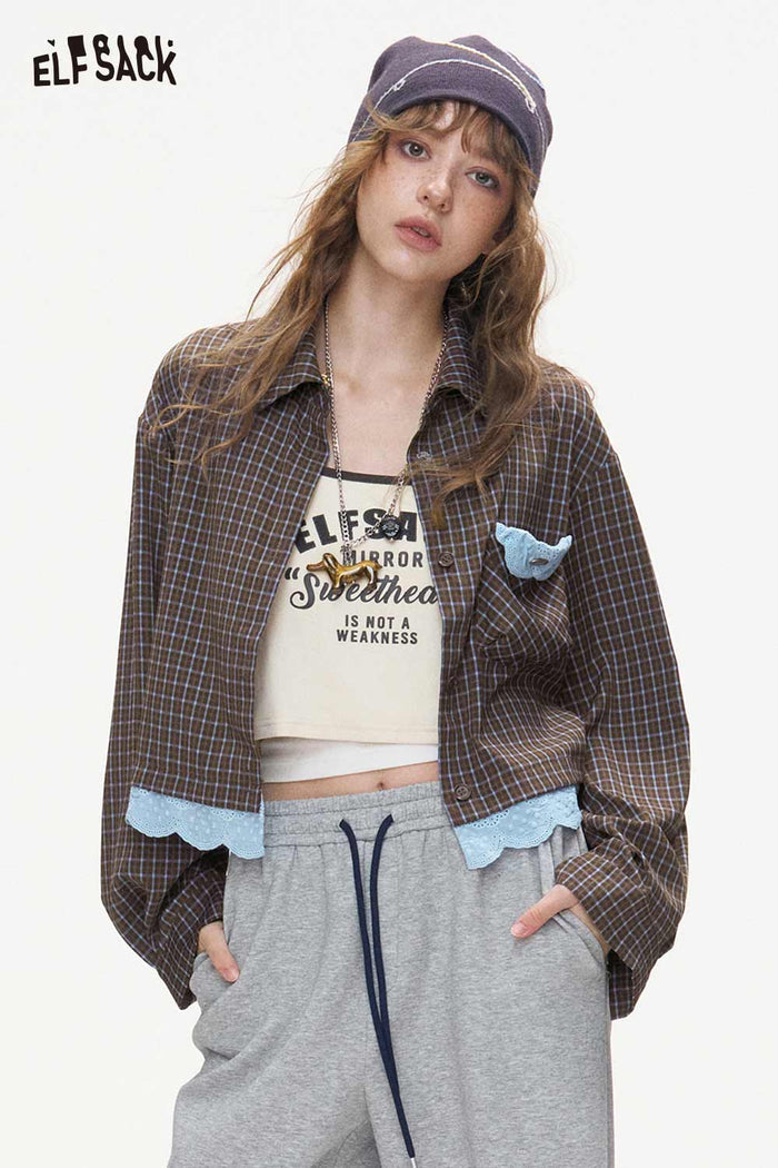Gingham Crop Long Sleeve Blouse with Scallop Trim