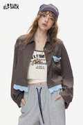 Gingham Crop Long Sleeve Blouse with Scallop Trim