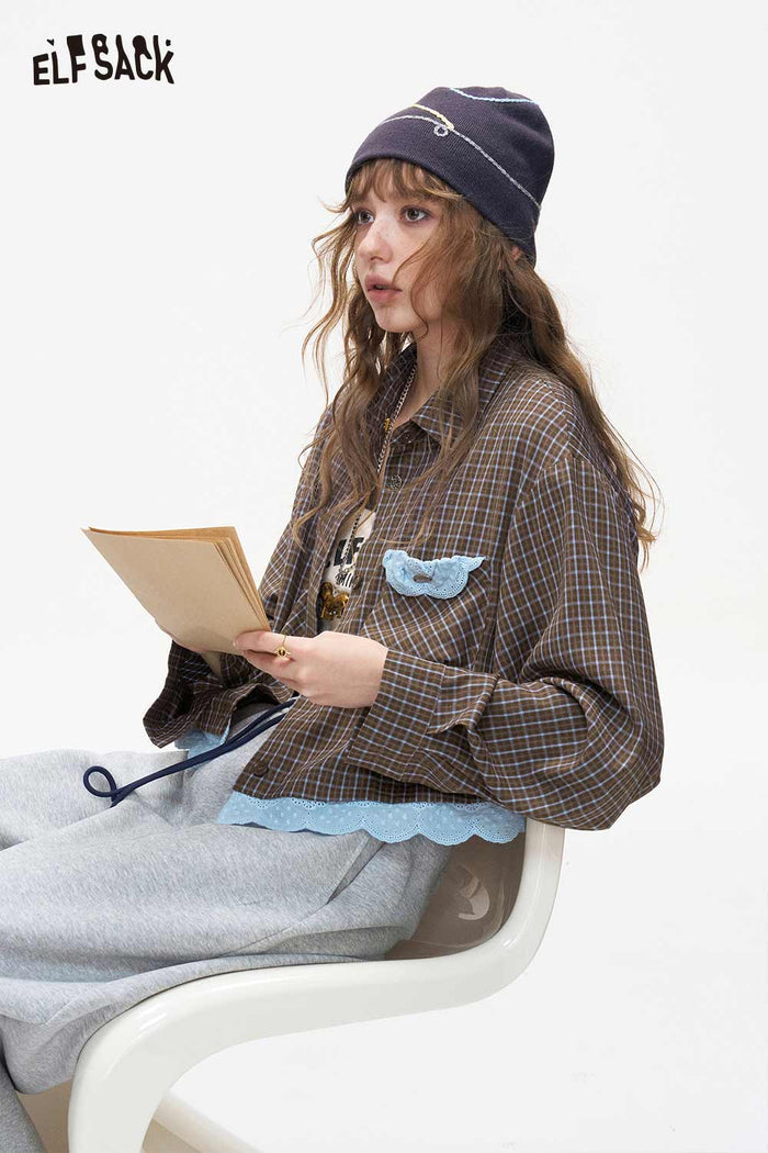 Gingham Crop Long Sleeve Blouse with Scallop Trim