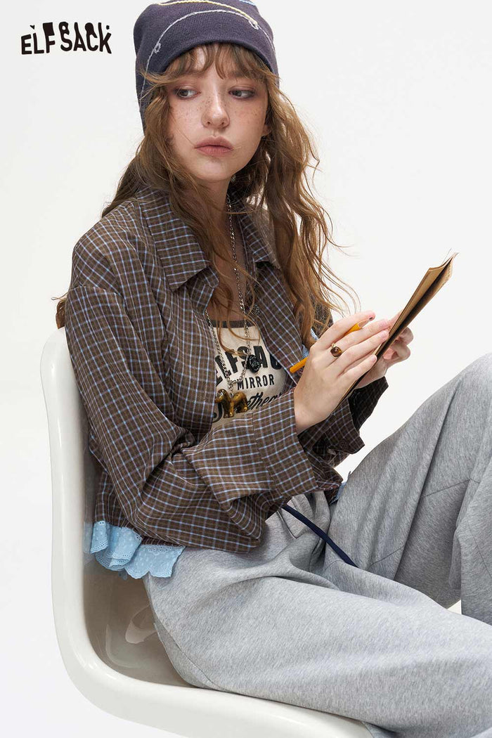 Gingham Crop Long Sleeve Blouse with Scallop Trim