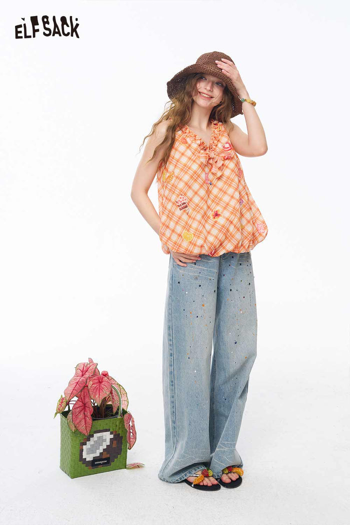 ELFSACK Gingham Fruit Print Ruffle Sleeveless Top