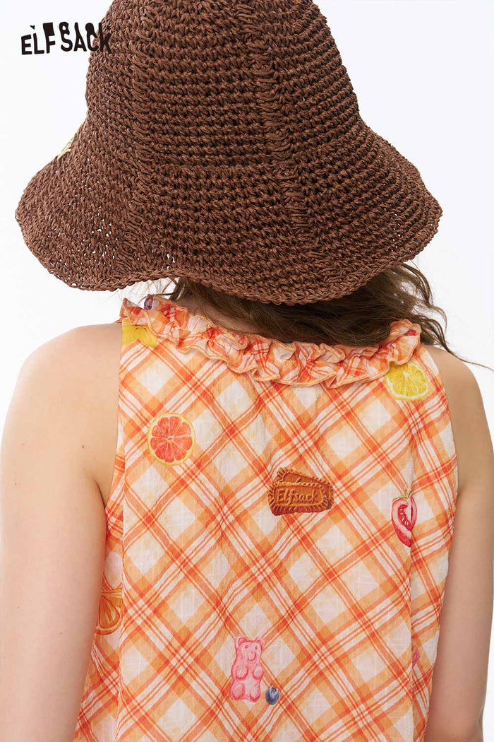ELFSACK Gingham Fruit Print Ruffle Sleeveless Top