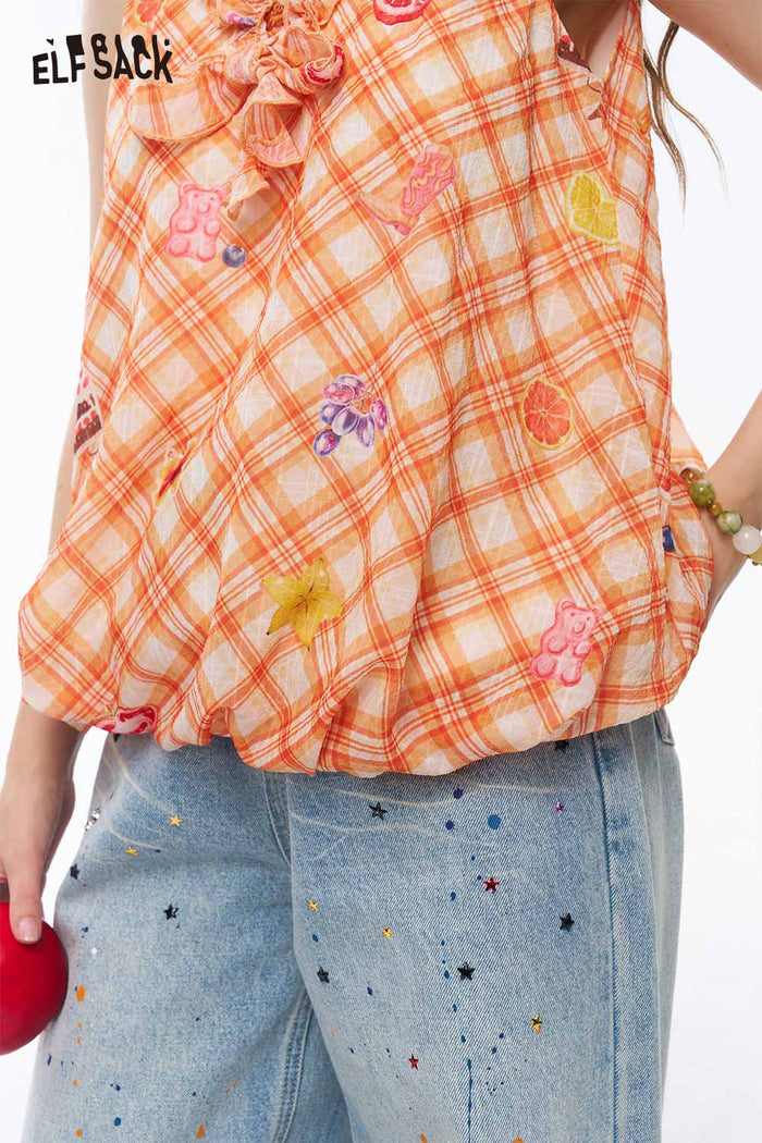 ELFSACK Gingham Fruit Print Ruffle Sleeveless Top