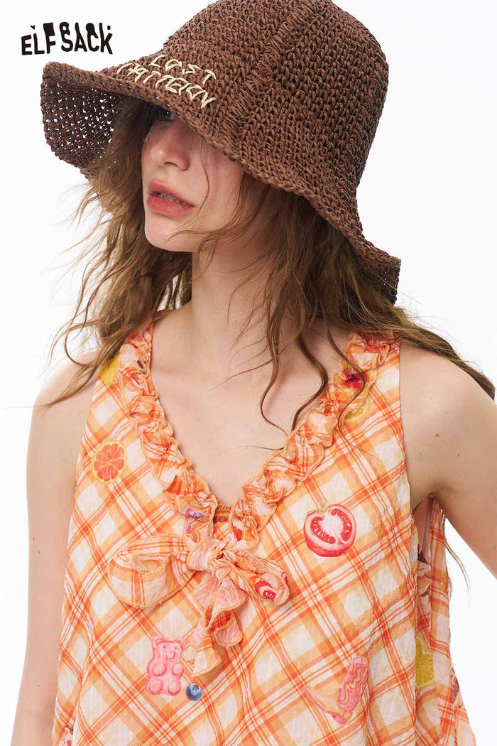 ELFSACK Gingham Fruit Print Ruffle Sleeveless Top