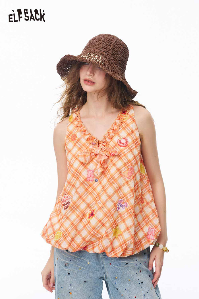 ELFSACK Gingham Fruit Print Ruffle Sleeveless Top