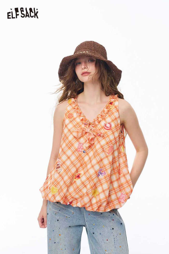 ELFSACK Gingham Fruit Print Ruffle Sleeveless Top