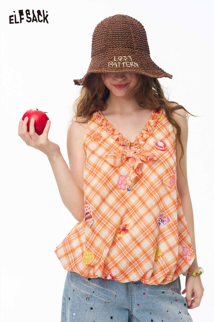 ELFSACK Gingham Fruit Print Ruffle Sleeveless Top