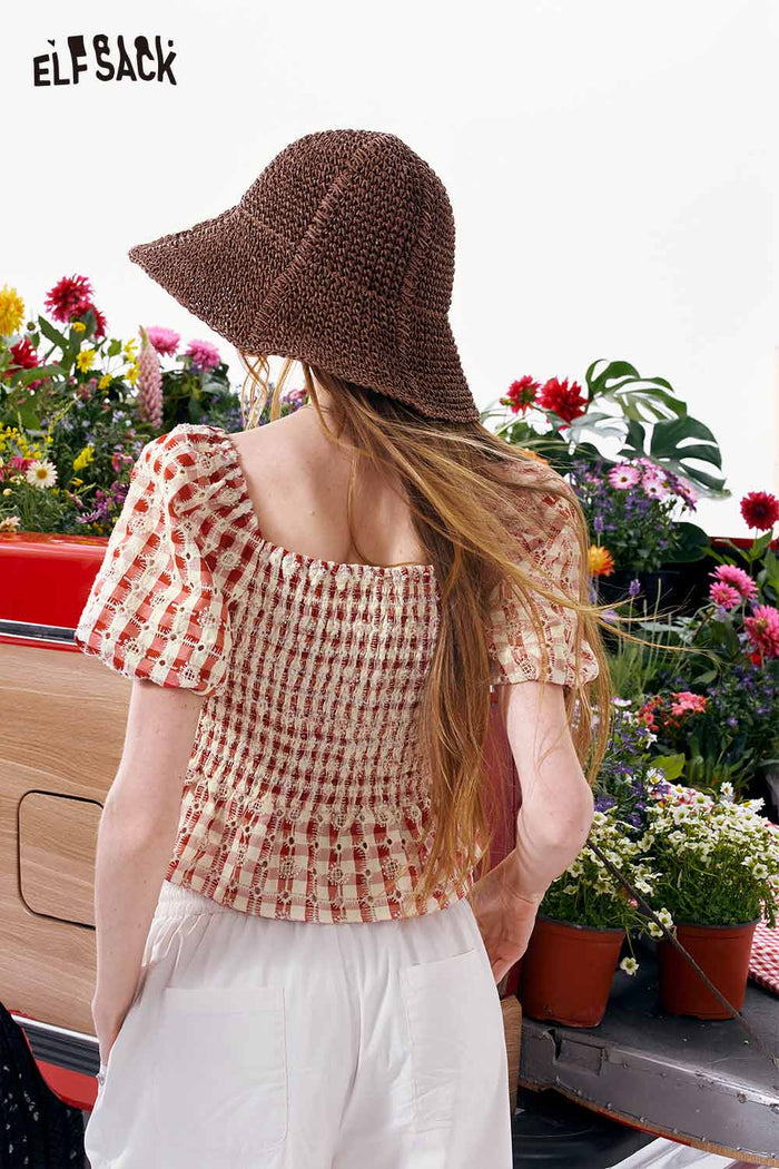 ELFSACK Gingham Lace Smocked Puff Sleeve Crop Top