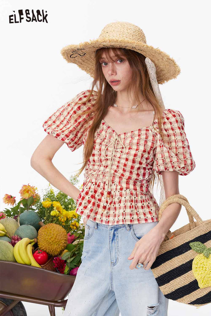 ELFSACK Gingham Lace Smocked Puff Sleeve Crop Top