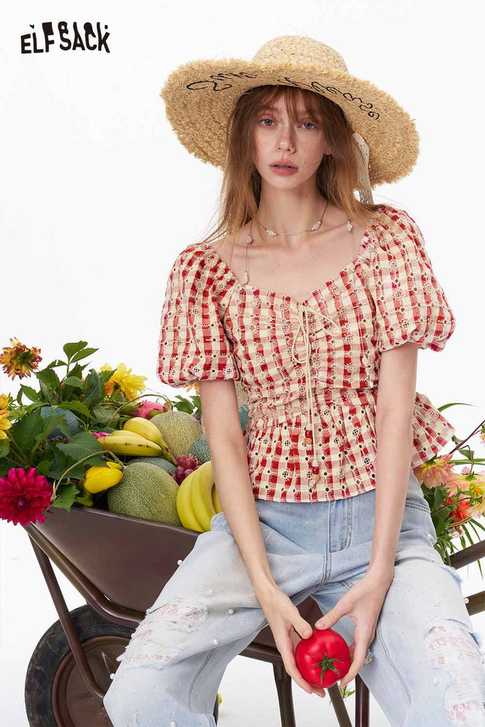 ELFSACK Gingham Lace Smocked Puff Sleeve Crop Top