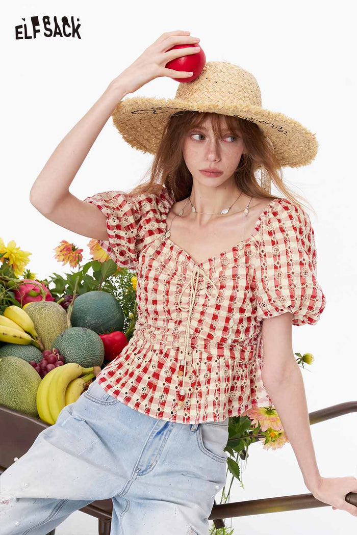 ELFSACK Gingham Lace Smocked Puff Sleeve Crop Top