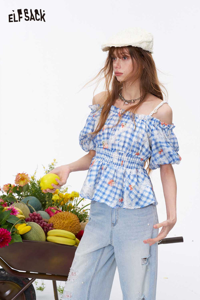 ELFSACK Gingham Strawberry Print Puff Sleeve Blouse