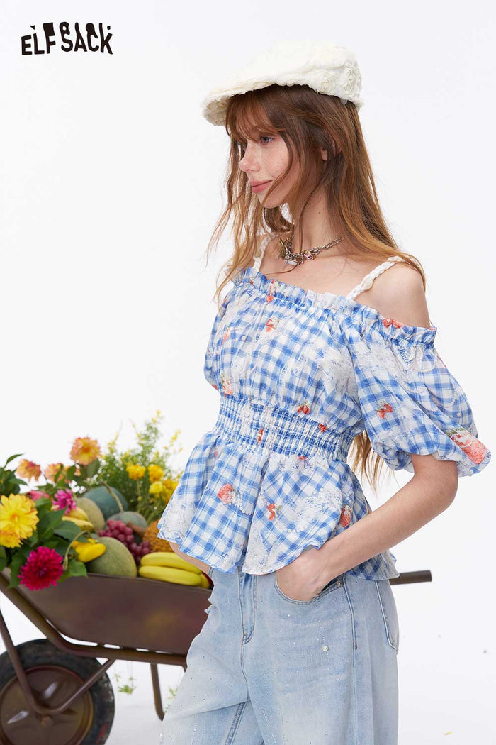 ELFSACK Gingham Strawberry Print Puff Sleeve Blouse