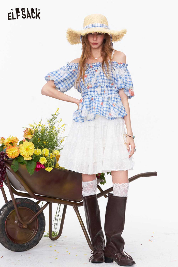 ELFSACK Gingham Strawberry Print Puff Sleeve Blouse
