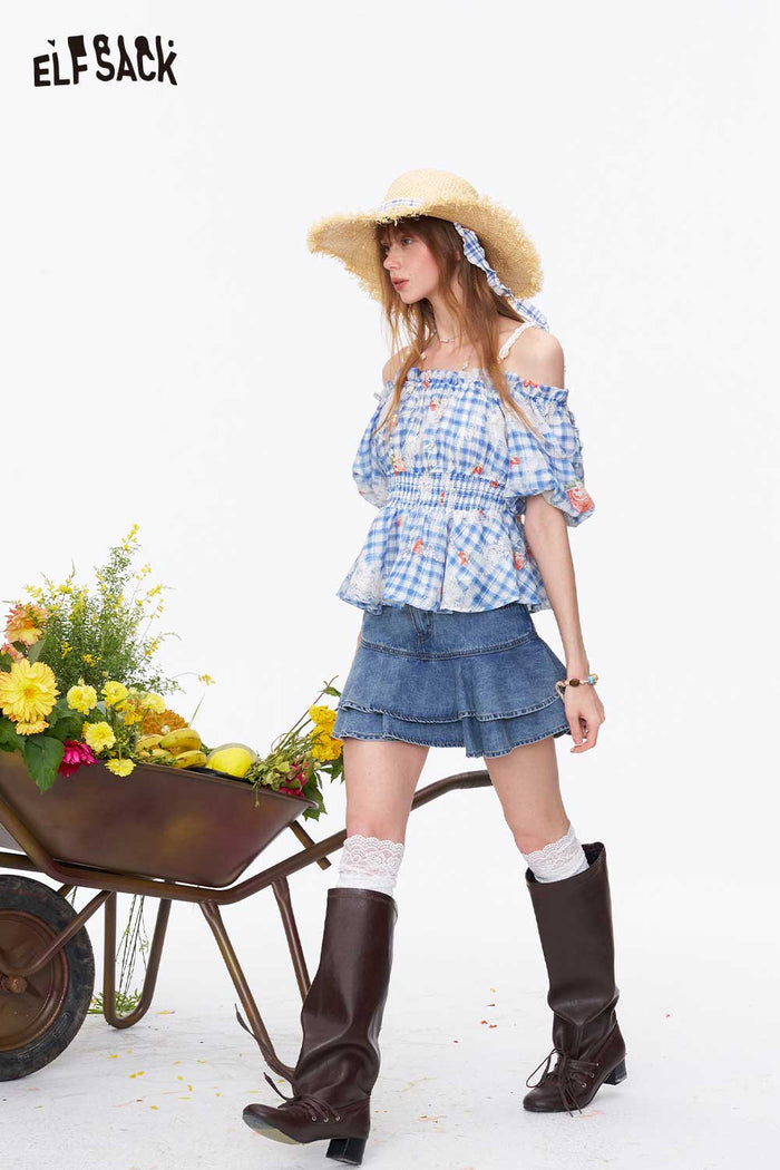 ELFSACK Gingham Strawberry Print Puff Sleeve Blouse