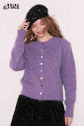 ELFSACK Girly Cute Solid Bow Color Button Round Neck Cardigan