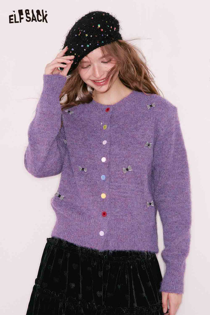 ELFSACK Girly Cute Solid Bow Color Button Round Neck Cardigan