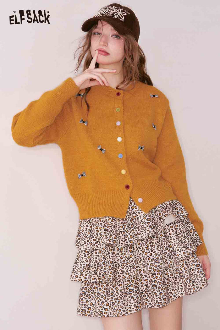 ELFSACK Girly Cute Solid Bow Color Button Round Neck Cardigan